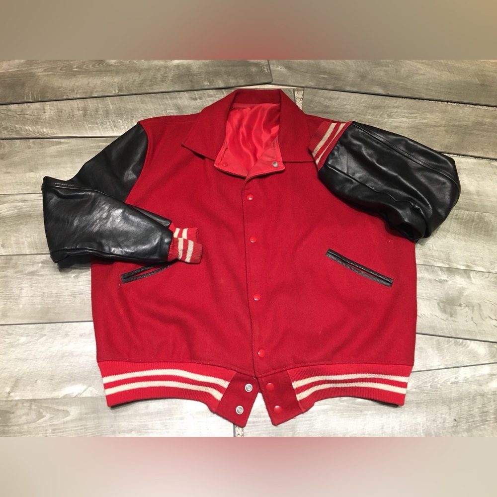 Vintage Butwin Letterman Varsity Black Leather Bomber Jacket Coat Size XLarge